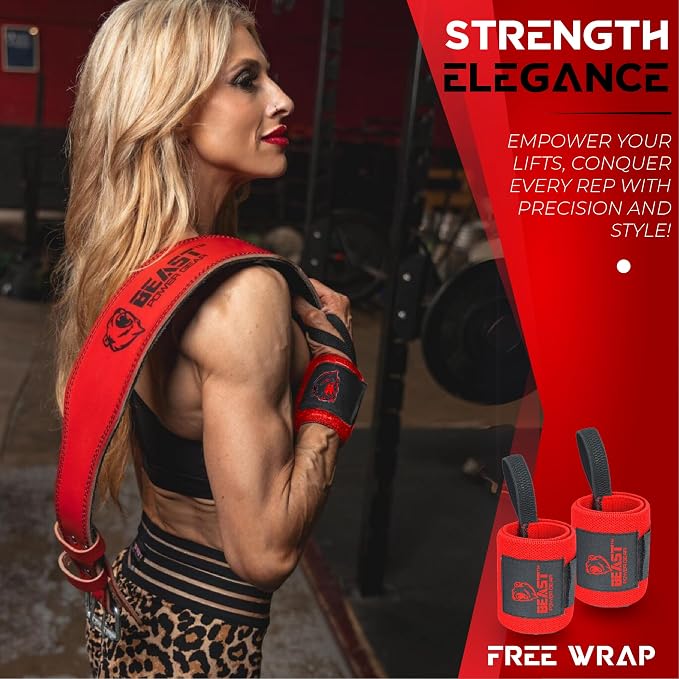 Weight Lifting Belt - 4” Genuine Leather Belts Padded Lower Back Support for Gym Bodybuilding Squat Deadlift Weightlifting Cross Strength Training Men Women Free Wrist Wrap