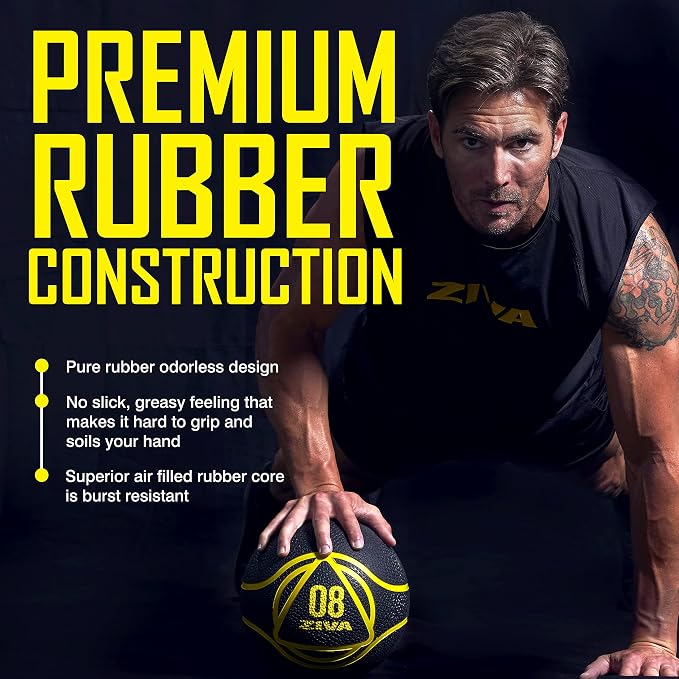 ZIVA Medicine Ball – Durable Rubber Weighted Ball with Easy-Grip Textured Shell for Core, Balance and Strength Training – Commercial Quality (Black, 4–20 lb)