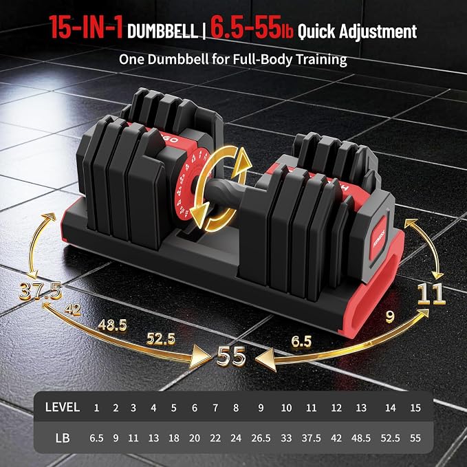 HXD-ERGO 15 in 1 Adjustable Dumbbell Weight, 1-Second Quick Change Weights, 55/110 LBS Free Weights with Anti-Slip Grip & Secure Lock, Space-Saving Home Gym Equipment for Men Women Full Body Workout