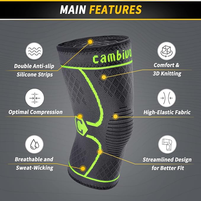 CAMBIVO 2 Pack Knee Brace, Knee Compression Sleeve for Men and Women, Knee Support for Running, Workout, Gym, Hiking, Sports (Green,Medium)