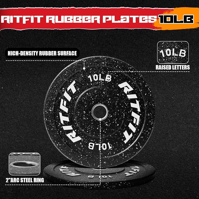 RitFit Bumper Plates, Colored Fleck-Rubber Weight Plates with Steel Insert, 2-inch Olympic Weight Plates for Weight Lifting and Strength Training