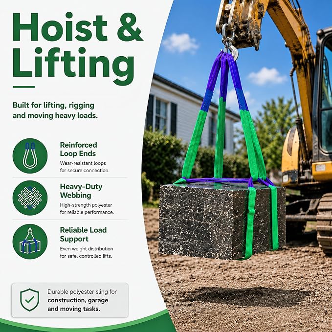 2" x 8' Lifting Sling Straps Polyester Web Slings 4400 Lbs Vertical, 3520 Lbs Choker, 8800 Lbs Basket (Green/Purple)
