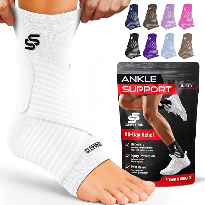 Sleeve Stars Ankle Brace for Women & Men, Ankle Wrap for Sprained Ankle, Compression Sleeve for Plantar Fasciitis Relief, Easy Customizable Support: w/Removable Strap (Single/S:9"-10"/White)