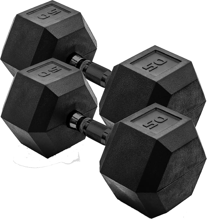 CAP Rubber Coated Dumbbell Weights, Free Weights for Home Gym Strength Training, Anti-Roll Hex Dumbbells with Black, Chrome & Comfort Grip Handles, Pairs & Sets