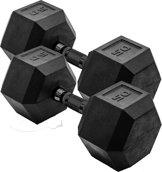 CAP Rubber Coated Dumbbell Weights, Free Weights for Home Gym Strength Training, Anti-Roll Hex Dumbbells with Black, Chrome & Comfort Grip Handles, Pairs & Sets