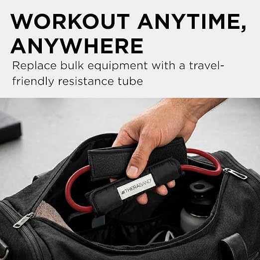 THERABAND Resistance Tubes with Padded Cuffs, 12", Red, Medium, Level 2 | Durable, rubber. For home, travel, gym. Elastic, fitness, strength, training.