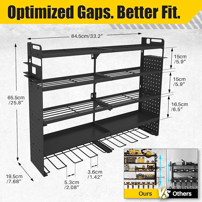 Large 5-Tier Power Tool Organizer Wall Mount, 320lbs Load Capacity Garage Storage Rack with 8 Drill Holders, 34" Heavy Duty Metal Utility Shelf, Holds Over 30 Tools for Garage Workshop