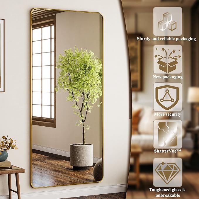 BEAUTYPEAK 76" x 34" Rounded Corner Full Length Mirror with Stand, Gold | Aluminum Alloy Frame with Standing, Leaning, or Wall-Mounted, Ideal for Bedroom, Dressing Room, Entryway, and Living Room