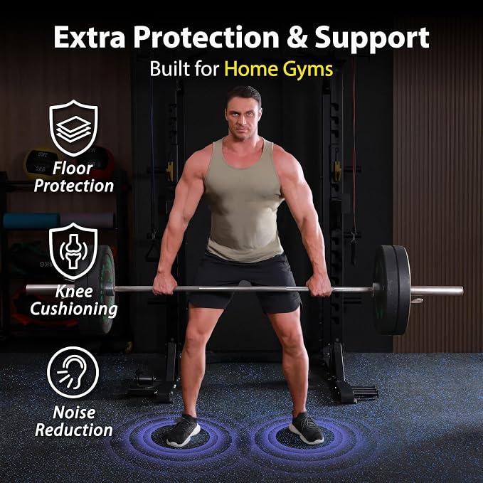 AIRHOP 1" Ultra-Thick 48 Sq Ft Rubber Top Gym Flooring for Home Gym | 12 Tiles, High Density EVA Foam, Waterproof & Non-Slip Rubber, Interlocking Puzzle Mats, Heavy Duty Floor Protection, 24"x24"