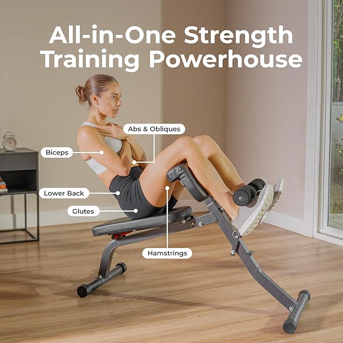 Sunny Health & Fitness Foldable Roman Chair, Back Hyperextension Bench | Adjustable Height, Folds Flat for Storage, Built in Dip Station, Targets Back, Abs & Core, Crunches & Back Extensions