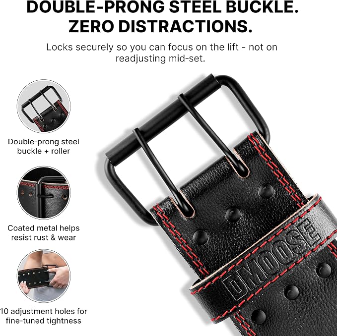 DMoose Fitness Weight Lifting Belt for Lower Back Support - 5mm Thick Genuine Leather Gym Belt for Squats, Deadlifts & Powerlifting - Double Prong Buckle with 10 Holes Adjustability for Men & Women