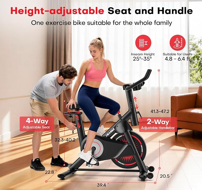 CHAOKE Exercise Bike, Quiet Adjustable Magnetic Stationary Bike for Home Cardio with App Compatible, 350LB Weight Capacity Indoor Cycling Bike with Comfortable Seat, Digital Display for Home Fitness