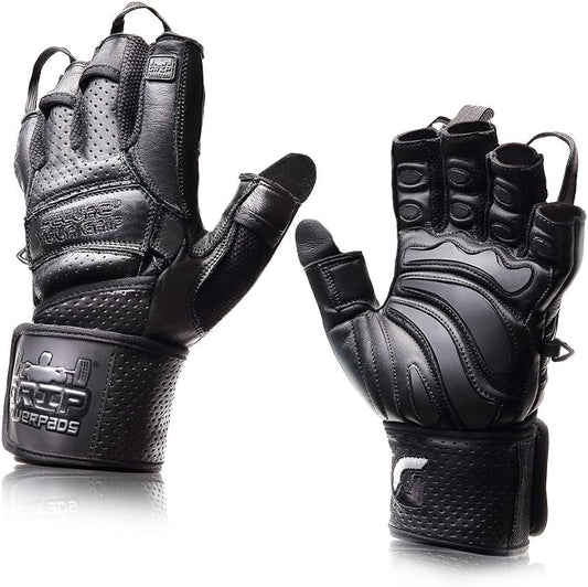 Elite Leather Gym Gloves with Built in 2" Wide Wrist Wraps Grip & Design for Weightlifting Power Lifting Bodybuilding & Strength Training Workout Exercises