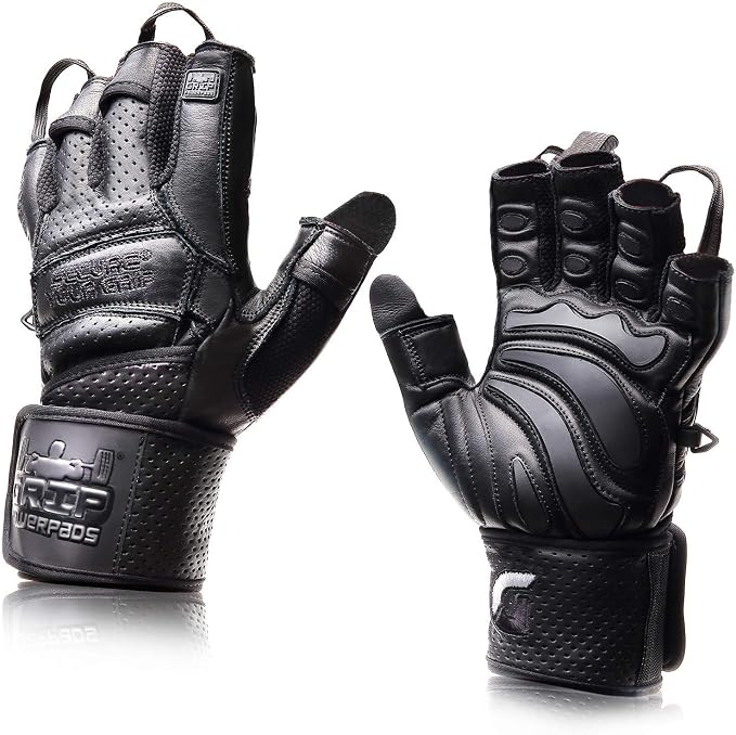 Elite Leather Gym Gloves with Built in 2" Wide Wrist Wraps Grip & Design for Weightlifting Power Lifting Bodybuilding & Strength Training Workout Exercises