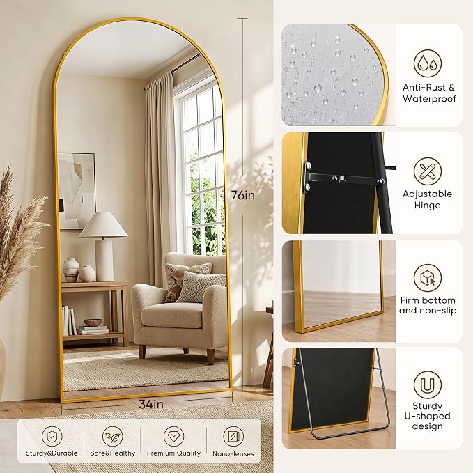 Full Length Mirror, 76"x34" Arched Floor Mirror Freestanding, Floor Standing Full Body Mirror with Stand for Bedroom, Hanging Mounted for Living Room Cloakroom, Gold