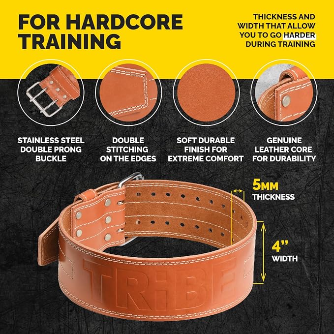 5mm Genuine Leather Weight Lifting Belt for Squats and Deadlifts | 4-inch lumbar support, two-prong buckle, double-layer construction, comfortable adjustable fit for heavy lifts