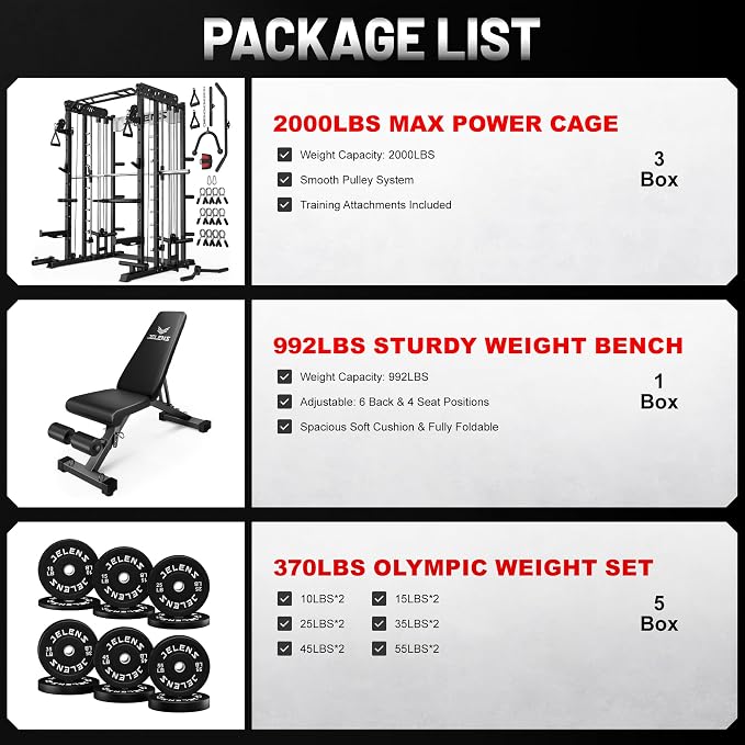 JELENS Smith Machine for Home Gym, Multi-Function M12 Power Cage with Cable Crossover System, Squat Rack with Smith Bar and More Attachment