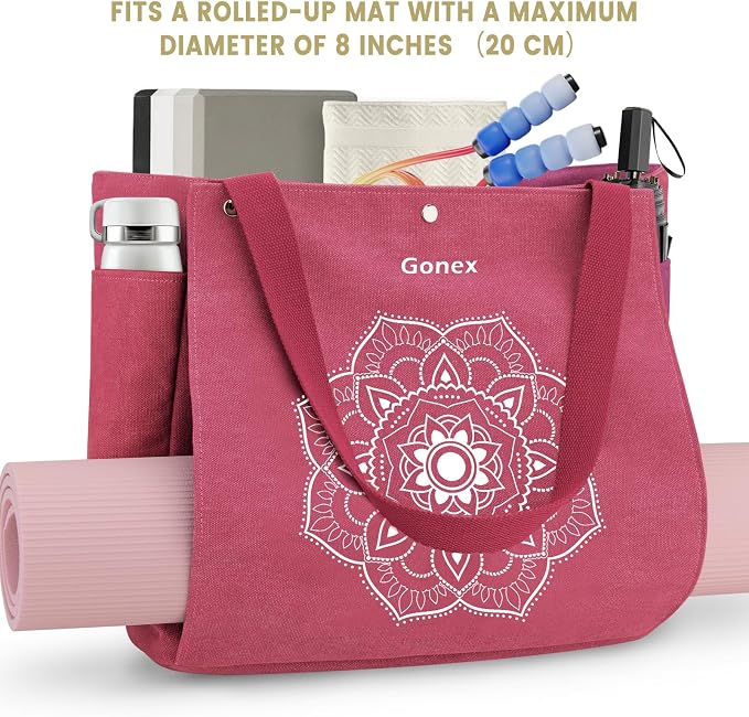 Gonex Yoga Mat Bag For Women Canvas Tote Pilates Gym Bag With Mat Carrier | Front-Opening Quick Access Mat Straps, Durable Cotton Canvas, Machine Washable, Bottle Holder Multi Pockets, Yoga Gym Travel
