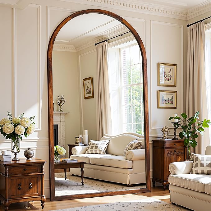 Full Length Mirror 82"×44" Floor Mirror Standing Tall Mirror, Arched Stand up Large Wall Mirrors, Freestanding Full Body Mirrors for Bedroom Living Room Wood Antique Style Walnut