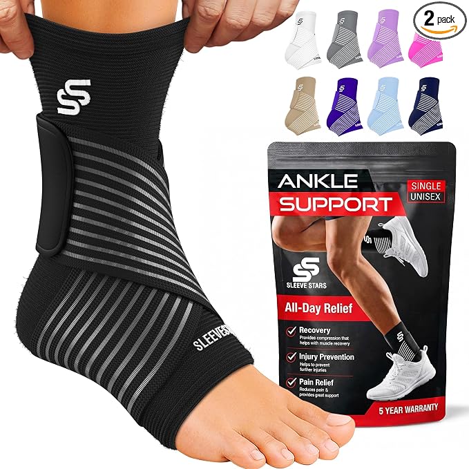 Sleeve Stars Ankle Brace for Women & Men, Ankle Wrap for Sprained Ankle, Compression Sleeve for Plantar Fasciitis Relief, Easy Customizable Support: w/Removable Strap (Pair/L:12"-13"/Black)