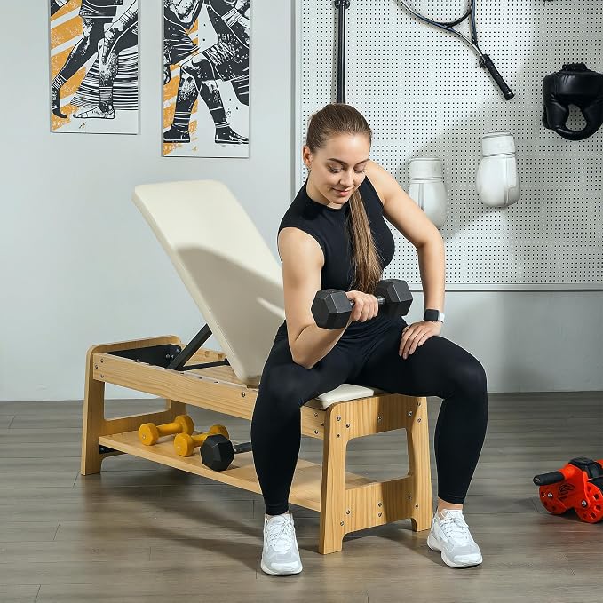 Soozier Adjustable Weight Bench with Dumbbell Rack Wooden Gym | Flat or Incline Design, Home Gym Weight Lifting Training
