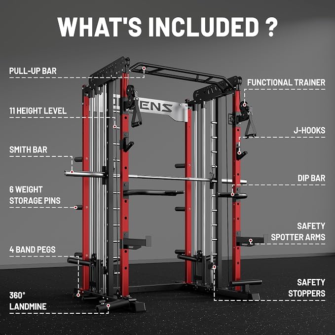 JELENS Smith Machine for Home Gym, Multi-Function M12 Power Cage with Cable Crossover System, Squat Rack with Smith Bar and More Attachment