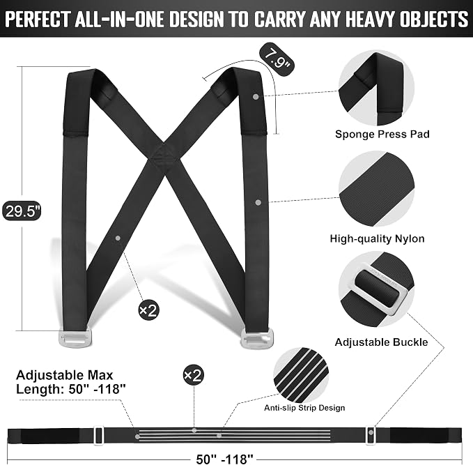 Anti-Slip Lifting Straps, 2-Person Shoulder Lifting System for Moving Furniture, Appliances, Mattresses, Heavy Objects up to 800lbs