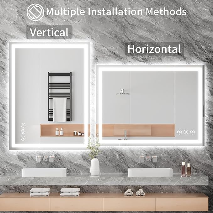 Koonmi 48x32 LED Bathroom Mirror with Light, Anti-Fog, 3 Colors | Backlit + Front Lit, Dimmable Brightness, Shatterproof HD Distortion-Free Tempered Glass, Hardware Included