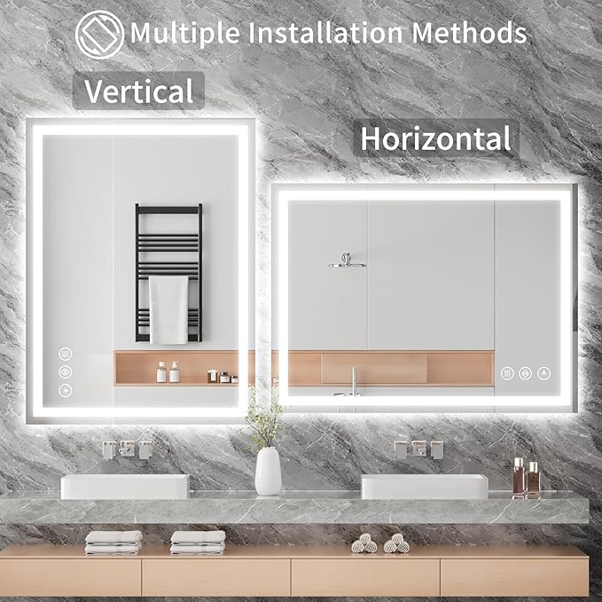 Koonmi 28x20 LED Bathroom Mirror with Light, Anti-Fog, 3 Colors | Backlit + Front Lit, Dimmable Brightness, Shatterproof HD Distortion-Free Tempered Glass, Hardware Included