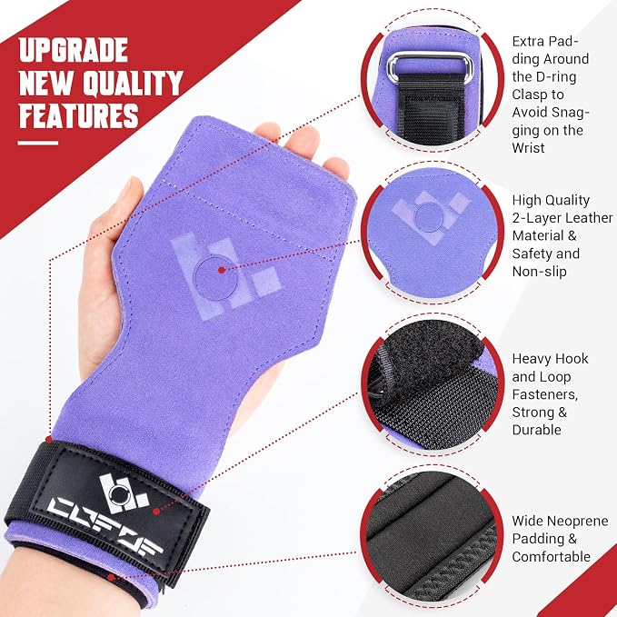 Weight Lifting Wrist Strap, Double-Layer Leather for Deadlift Powerlifting | Gym Strap with Adjustable Neoprene Padded Fit for 6.3–8 Inch Wrist, 8.07-Inch Leather Strap, Gym Workout Lifting Hook (Pair)