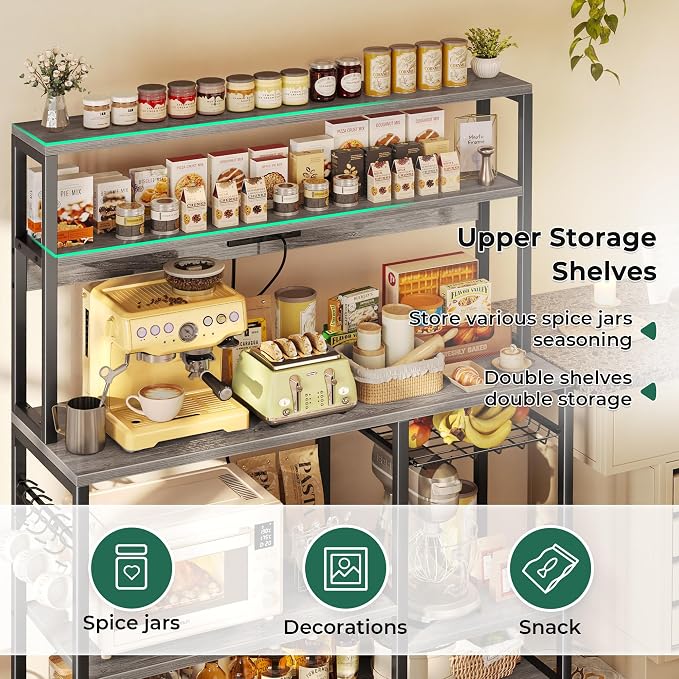 SUPERJARE Bakers Rack with Power Outlet, 47.2 Inches Coffee Bar with Basket | Kitchen Microwave Stand with 3 Level-Adjustable Open Shelves, with 9 S-Shaped Hooks, Grey