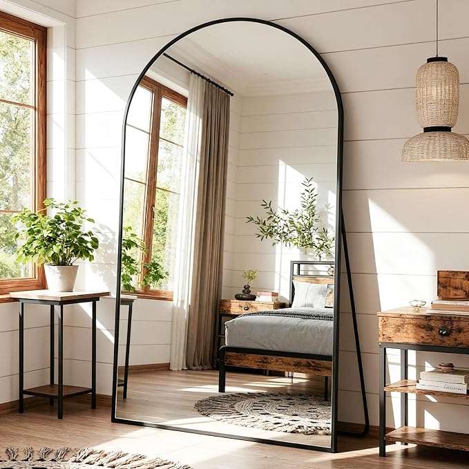 Full Length Mirror 88" L x 44" Full Body Standing Mirror for Bedroom, Living Room, Gym, Dorm - Shatter-Resistant & Easy Assembly, Arched Style Black