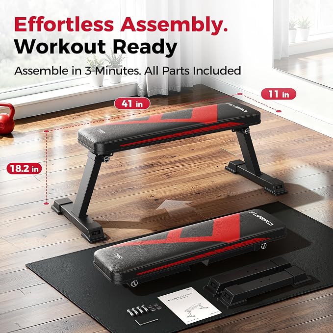 FLYBIRD Foldable Flat Weight Bench for Home Gym, 600/1000 lbs Capacity with Dual Locking for Strength Training, Easy Setup & Storage for Small Apartments, Lifting, Hip Thrust, Dumbbell Workout (A-Red)