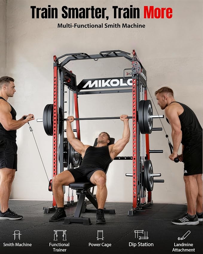 Mikolo M4 2.0 Smith Machine, 2200lbs Squat Rack with LAT-Pull Down System & Cable Crossover Machine, Training Equipment with Leg Hold-Down Attachment