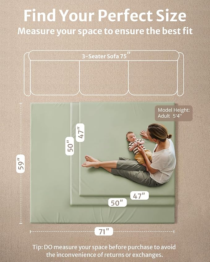 Blissful Diary Vegan Leather Baby Play Mat, 71''x59'', Light Green | thick cushion, safe and soft fabric, waterproof and wip clean, indoor use, non-slip bottom, stylish mordern decor