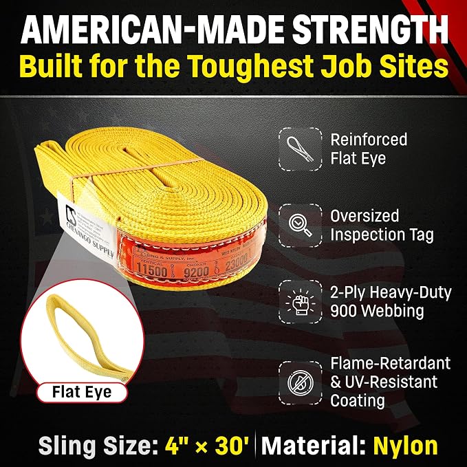 DD Sling 4 Inch x 30 Foot Nylon Lifting Sling – USA Made, 11,500 lb Vertical, 9,200 lb Choker, 23,000 lb Basket – 2-Ply Heavy Duty 900 Webbing, Type 3 Flat Eye & Eye Rigging Sling