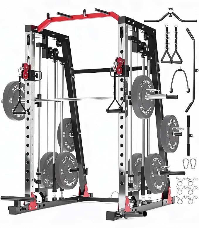 Smith Machine Home Gym – 2200LBS Multi-Function Squat Rack with Smith Bar | Power Cage,LAT Pulldown,Cable Crossover System,Dual Pulley Station,360° Landmine, Heavy Duty Full Body Workout Equipment