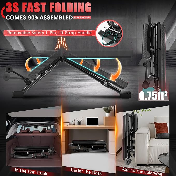 OPPSDECOR Adjustable Weight Bench, 900LBS Incline Decline Flat for Home Gym | Incline Decline Flat Bench Press, 8+4+2 Positions, 18.5in Seat Height, 99% Pre-Assembled, Fits 5-6ft Users, Folds in 1 Min