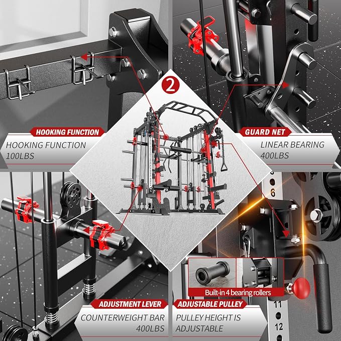 Multi-Purpose Squat Rack,Smith Machine Weight Rack Set with Cable Crossover System, Home Gym Power Racks, Power Racks and Packages
