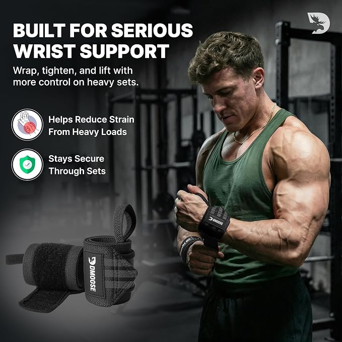 DMoose Fitness Wrist Wraps for Weightlifting 18" - Heavy Duty Gym Wrap with Hand Thumb Loop for Support & Pain Relief, USPA Approved Powerlifting, Weight Lifting Wrist Straps for Men & Women Work Out