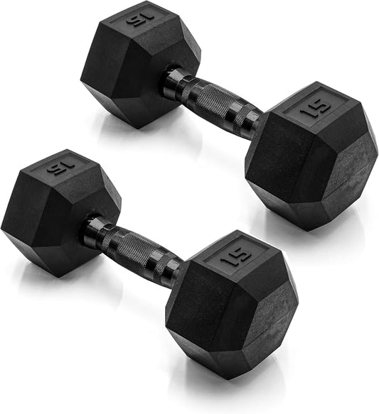 CAP Rubber Coated Dumbbell Weights, Free Weights for Home Gym Strength Training, Anti-Roll Hex Dumbbells with Black, Chrome & Comfort Grip Handles, Pairs & Sets
