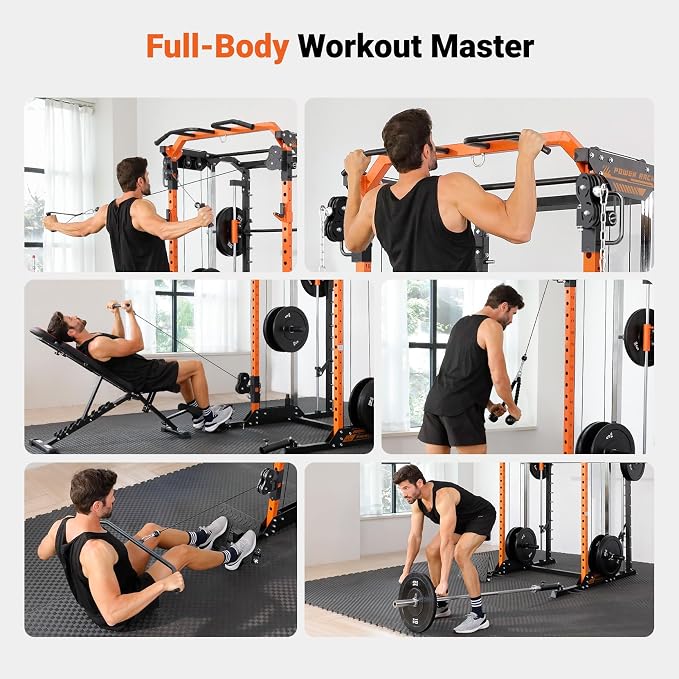 YOLEO Smith Machine & Squat Rack Combo, Multi-Functional Power Racks with Adjustable Width & Pull-Up Bar, Cable Crossover Power Cage, Independent Dual-Pulley System for Home Gym Garage Basement