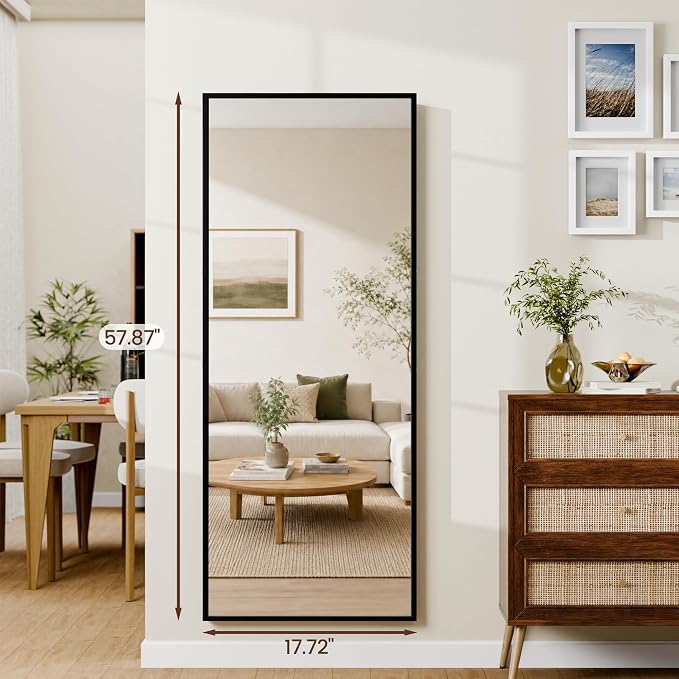 57"×20" Full Length Mirror, Shatterproof Tempered Glass Floor Mirror, Alum Alloy Thin Frame Standing Mirror with Freestanding/Leaning/Wall Mount for Bedroom, Living Room & Entryway, Black