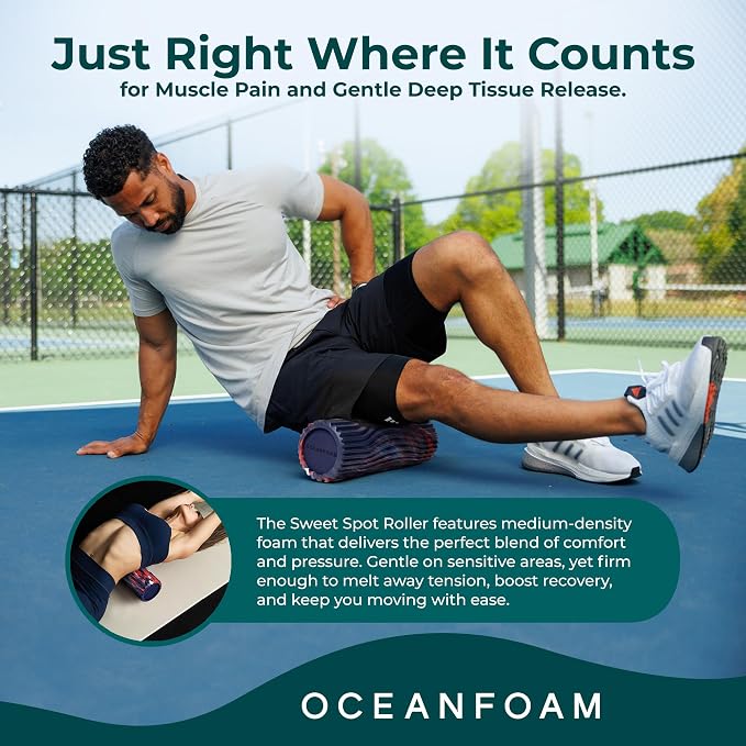 Oceanfoam Sweet Spot Medium Exercise Foam Roller 14"x5.5" – Medium Density Travel Foam Roller for Physical Therapy, Deep Tissue Massage, Yoga, Pilates, Wave Texture (Dark Navy, Red & Natural Marbled)