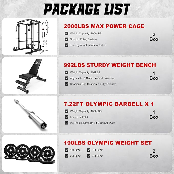 JELENS C12 Power Rack, 2000LBS Squat Rack with Cable Crossover System, Workout Cage with More Training Attachments for Home Gym