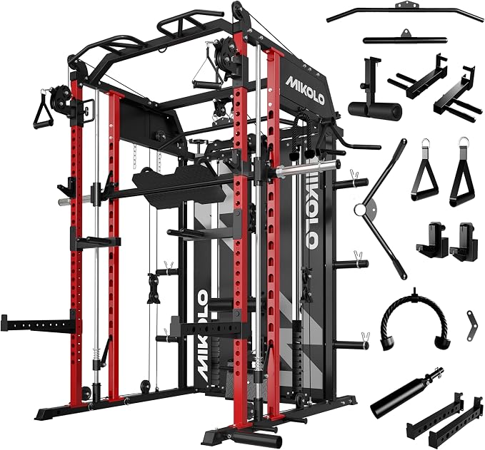 Mikolo Smith Machine with Weight Stack, Power Cage Home Gym System with LAT Pulldown & Cable Crossover, Multi-Functional Trainer with Dual Pulley System, Includes 10+ Free Attachments