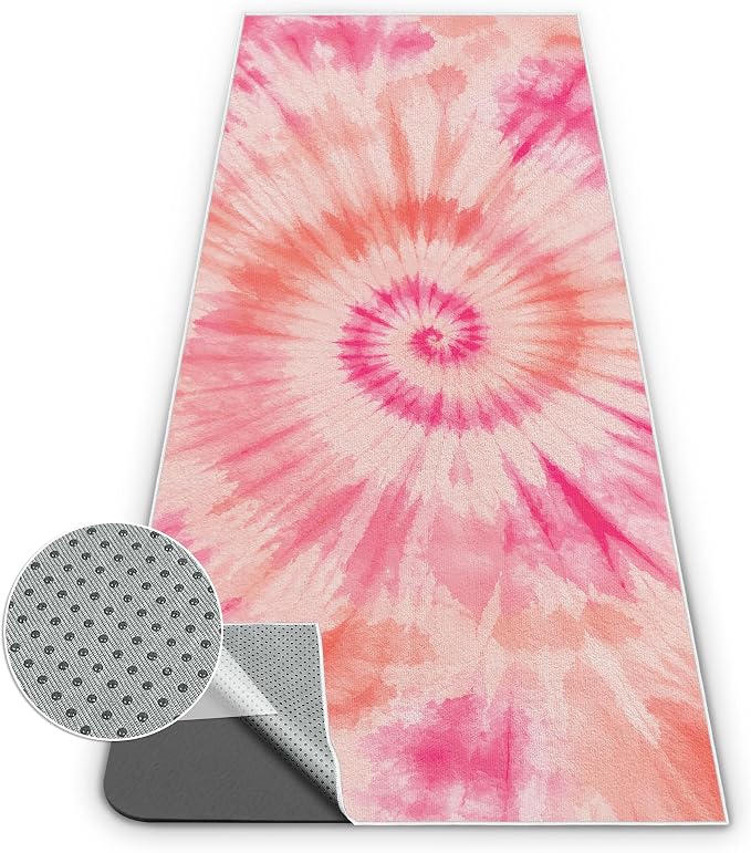 Yoga Mat Towel Non Slip Ultra-Absorbent Hot Yoga Towel, Super Stylish Printed Sweat Hot Yoga Towel, Ideal for Home, Workouts, Pilates, Yoga, 72 x 27in, Orange & Pink Tie Dye