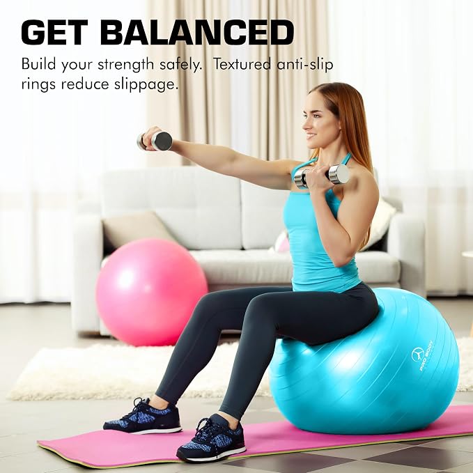 ProBody Pilates Yoga Ball - Vibrant Colors Exercise Ball | 880 lb Load, CA 10P Cert, BPA/Latex/Phthalate-free, PT & Prenatal Use, Recommended by OBs, Pump, Stability Ball
