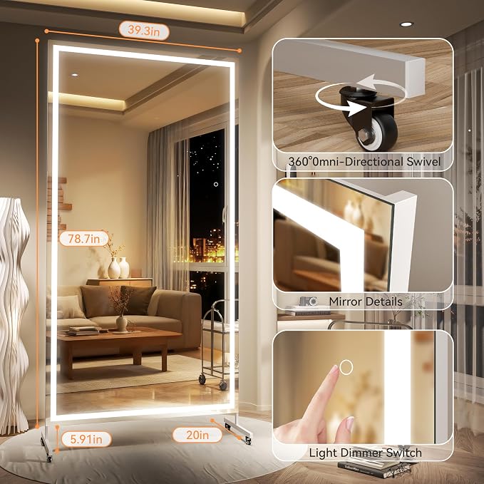 Hasipu 79" x 40" LED Full Length Mirror on Wheels, 360° Swivel, White | 3-color dimmable brightness, tempered glass & metal frame, lockable wheels, sturdy stand, for gym, yoga, studio & bedroom.