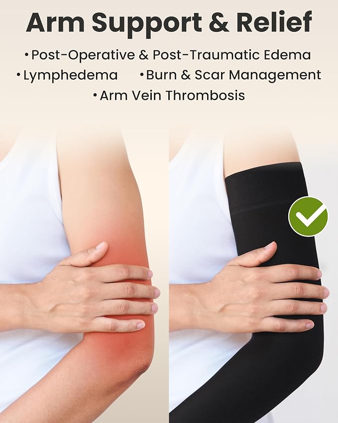 KEMFORD Lymphedema Compression Arm Sleeves for Women - 15-20 mmHg, Silicone Grip, 1 Pair, Black, 5XL - Arm Support for Swelling & Edema